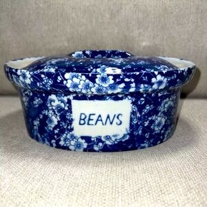 RARE  Victoria Ware Ironstone Blue & White Floral Transferware Bean Pot W/ Lid